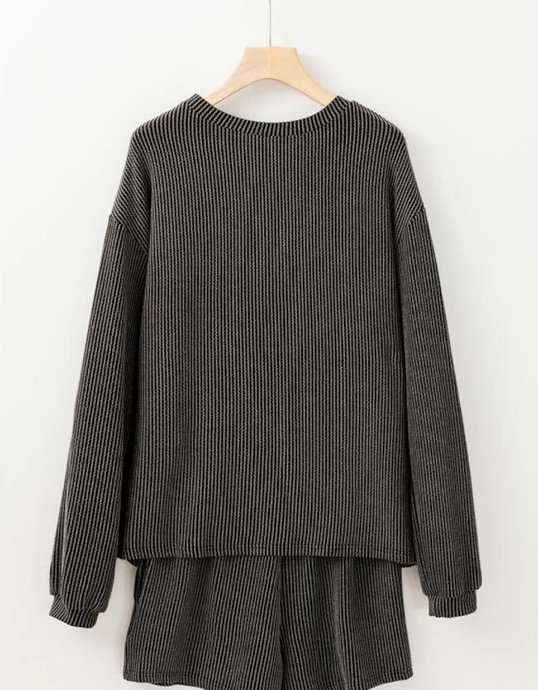 Carbon Grey XOXO Heart Patched Pattern Long Sleeve Corded Shorts Set