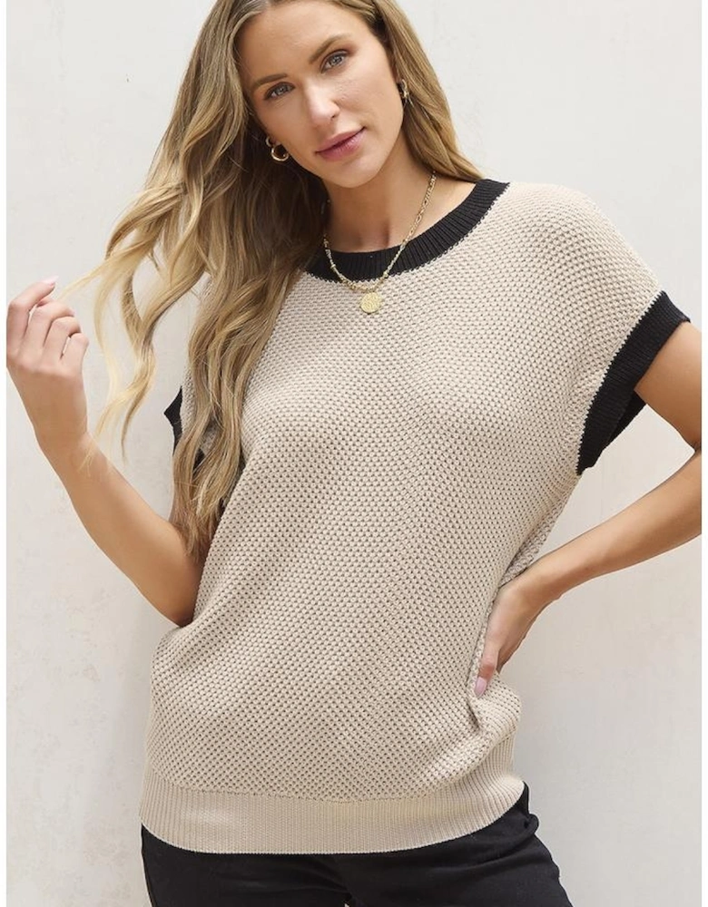 Light French Beige Contrast Trim Round Neck Batwing Sleeve Sweater Top