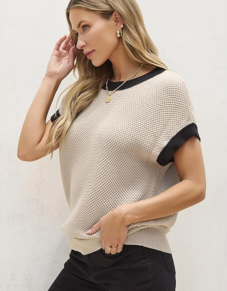 Light French Beige Contrast Trim Round Neck Batwing Sleeve Sweater Top