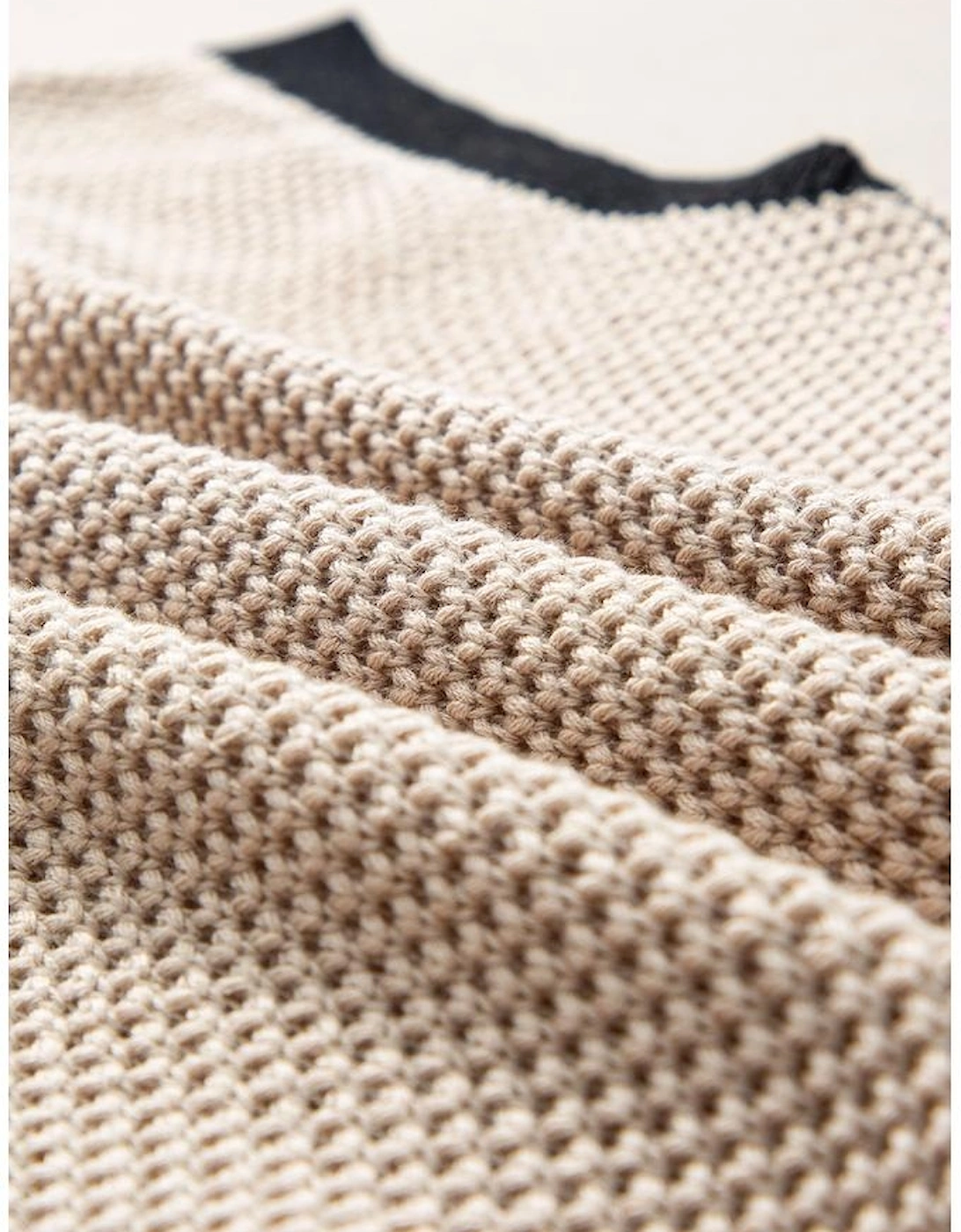 Light French Beige Contrast Trim Round Neck Batwing Sleeve Sweater Top