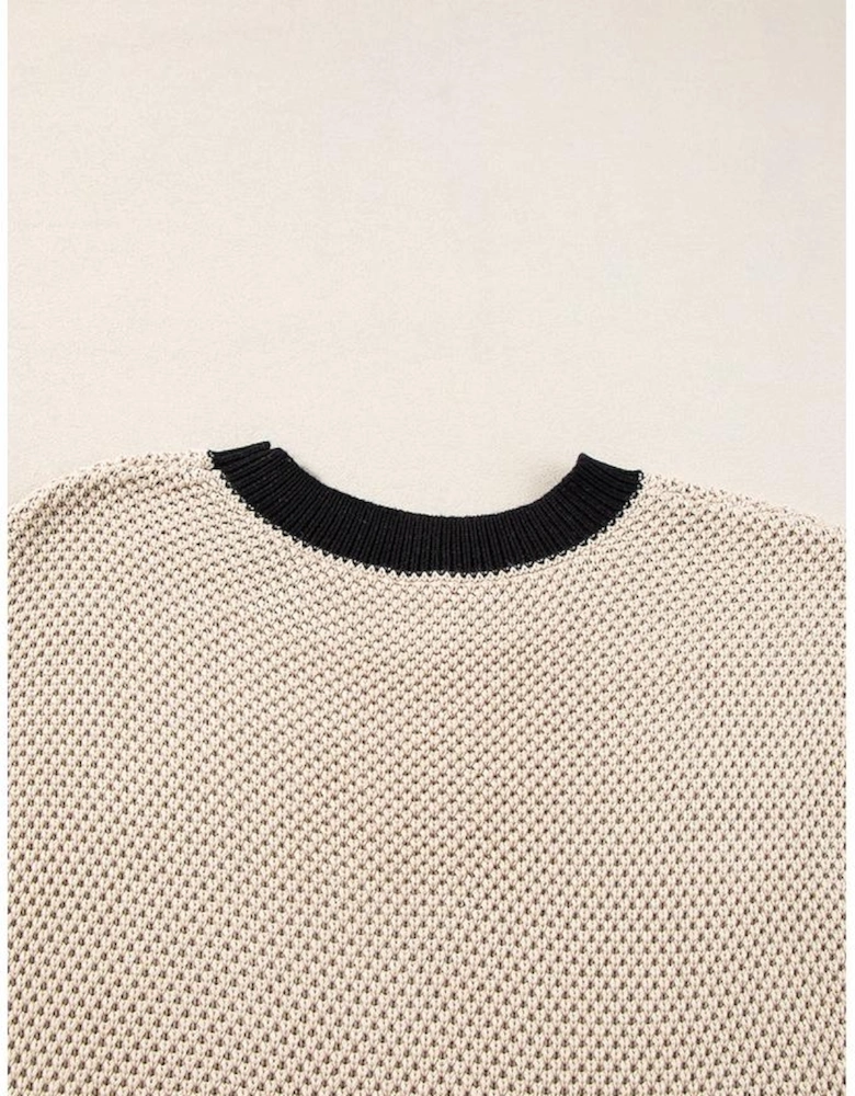 Light French Beige Contrast Trim Round Neck Batwing Sleeve Sweater Top