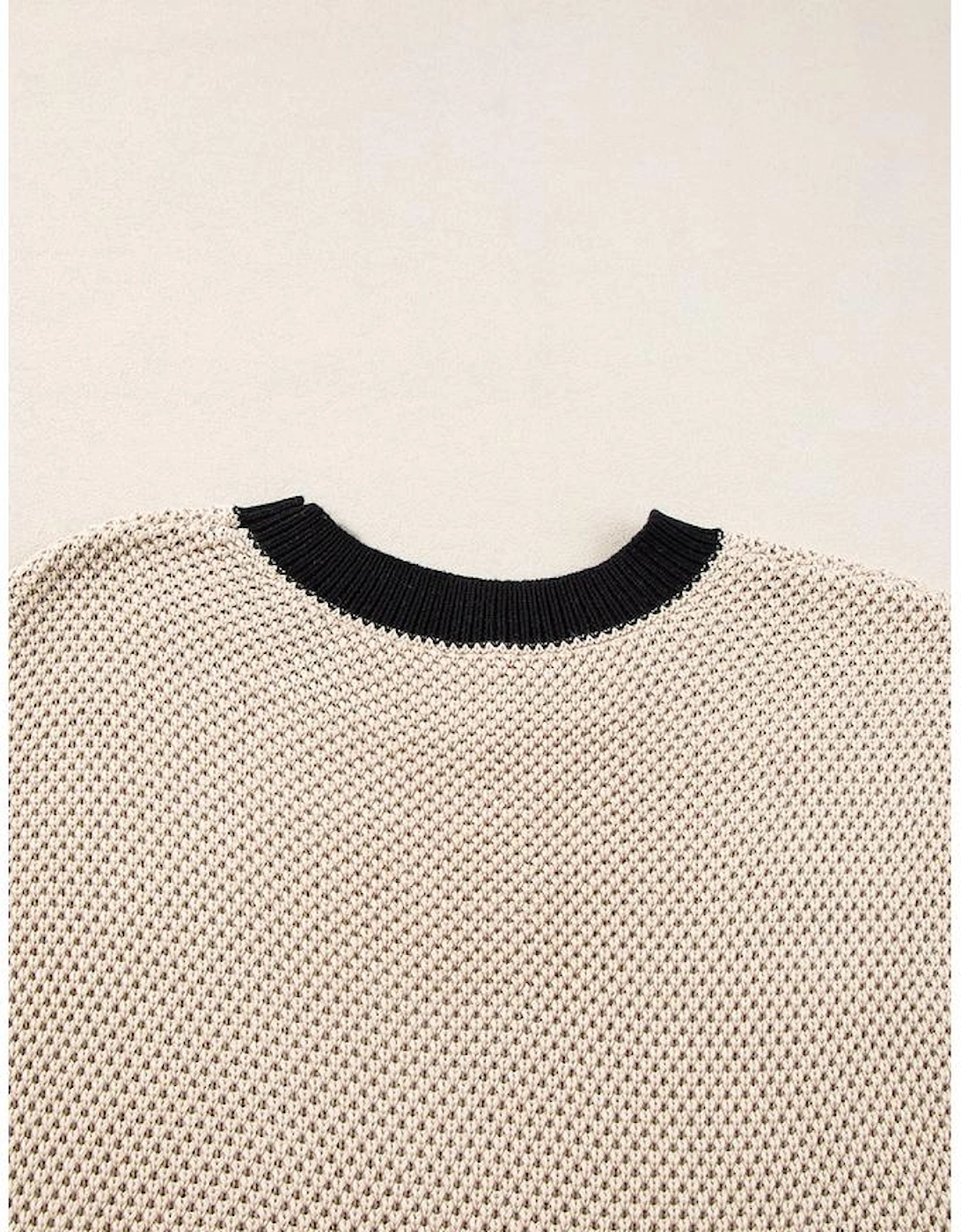 Light French Beige Contrast Trim Round Neck Batwing Sleeve Sweater Top