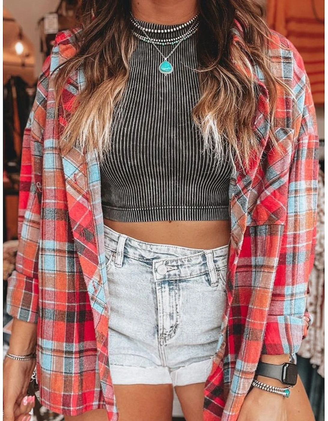 Red Plus Size Plaid Print Buttoned Shirt