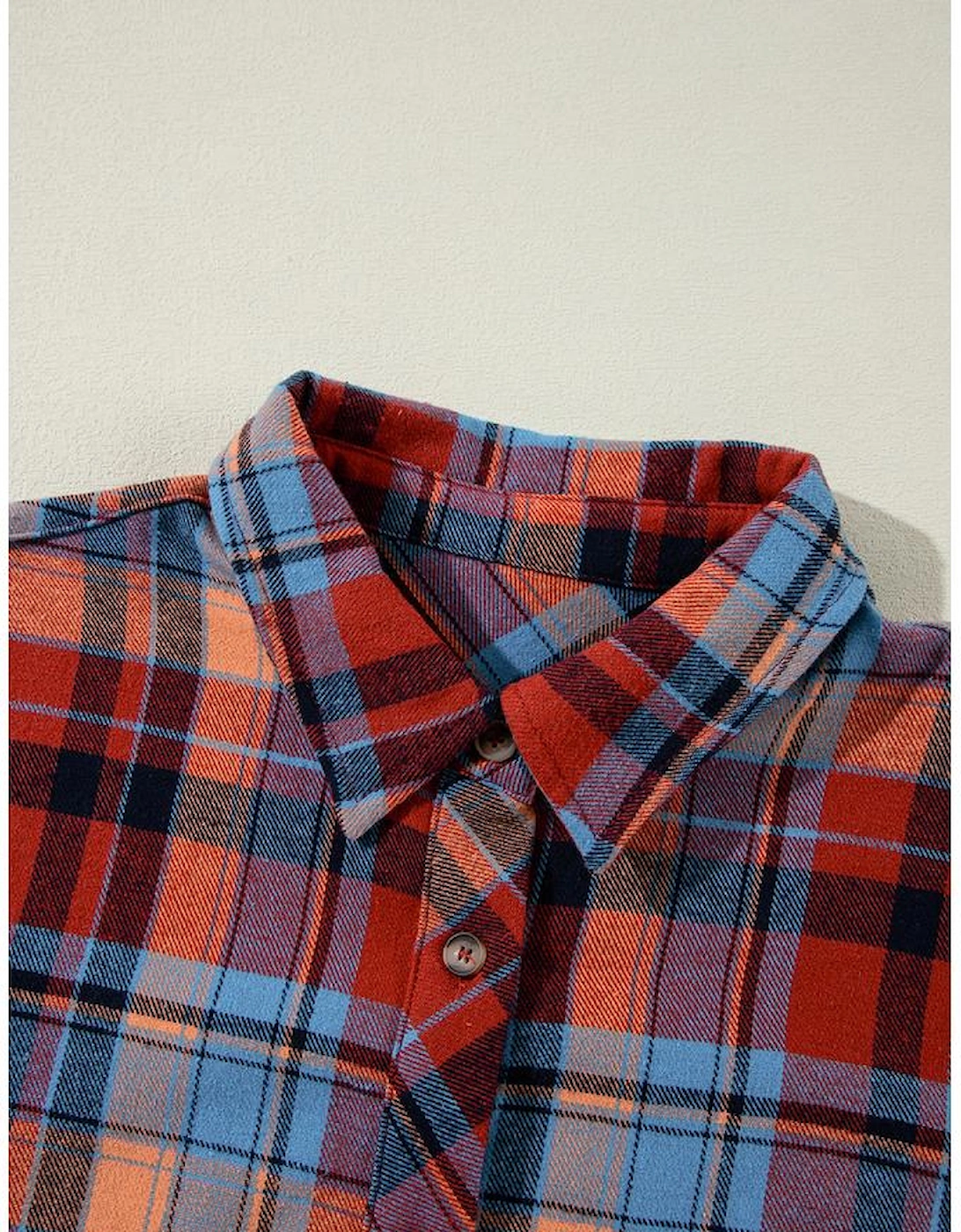 Red Plus Size Plaid Print Buttoned Shirt