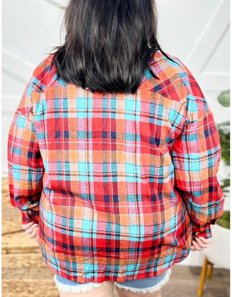 Red Plus Size Plaid Print Buttoned Shirt