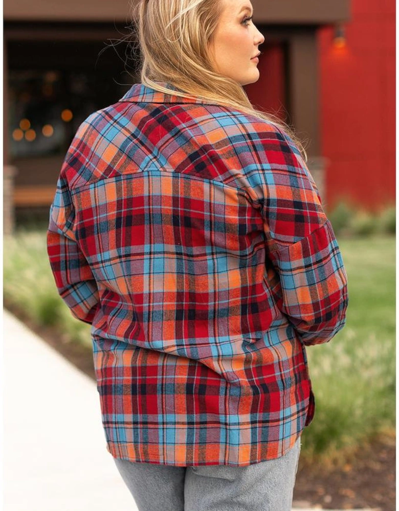 Red Plus Size Plaid Print Buttoned Shirt