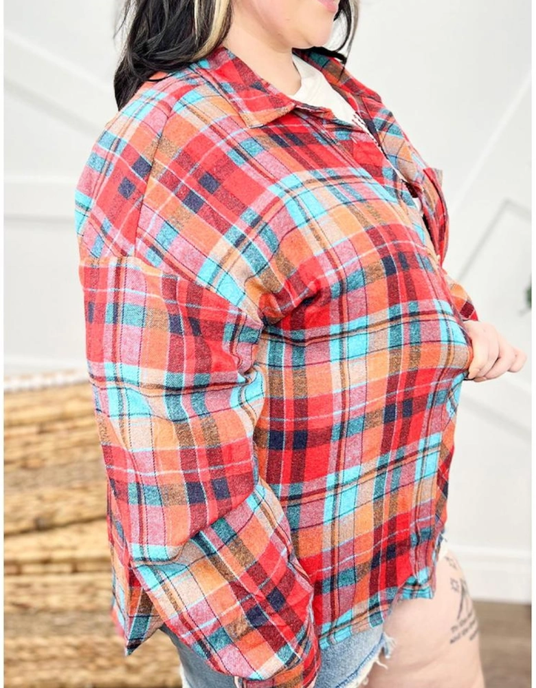 Red Plus Size Plaid Print Buttoned Shirt