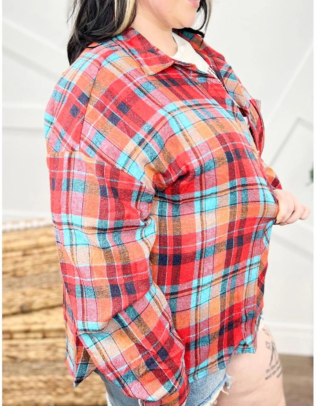 Red Plus Size Plaid Print Buttoned Shirt