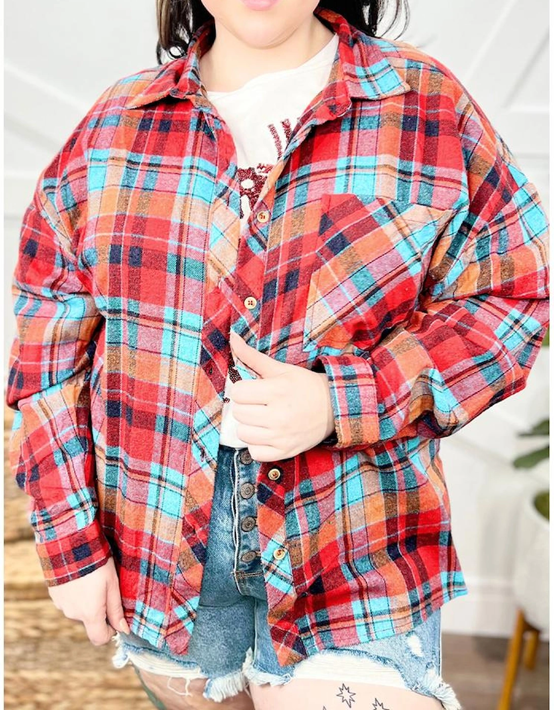 Red Plus Size Plaid Print Buttoned Shirt