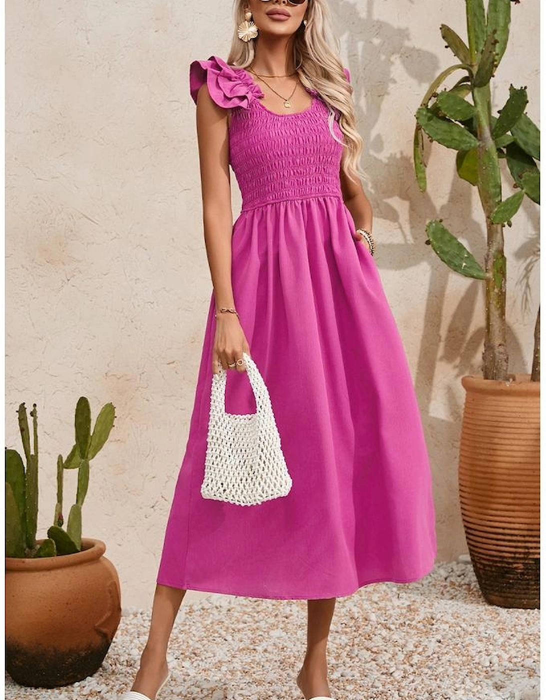 Rose Red Solid Color Ruffled Straps Smocked Ruched Maxi Dress