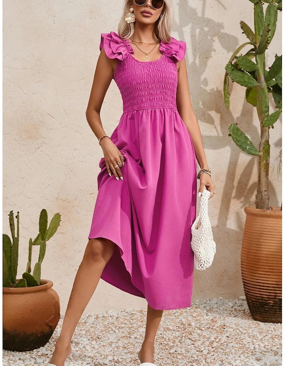 Rose Red Solid Color Ruffled Straps Smocked Ruched Maxi Dress