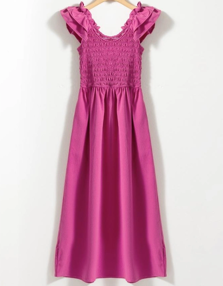 Rose Red Solid Color Ruffled Straps Smocked Ruched Maxi Dress