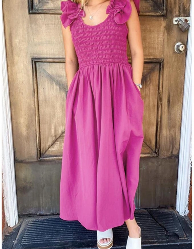 Rose Red Solid Color Ruffled Straps Smocked Ruched Maxi Dress