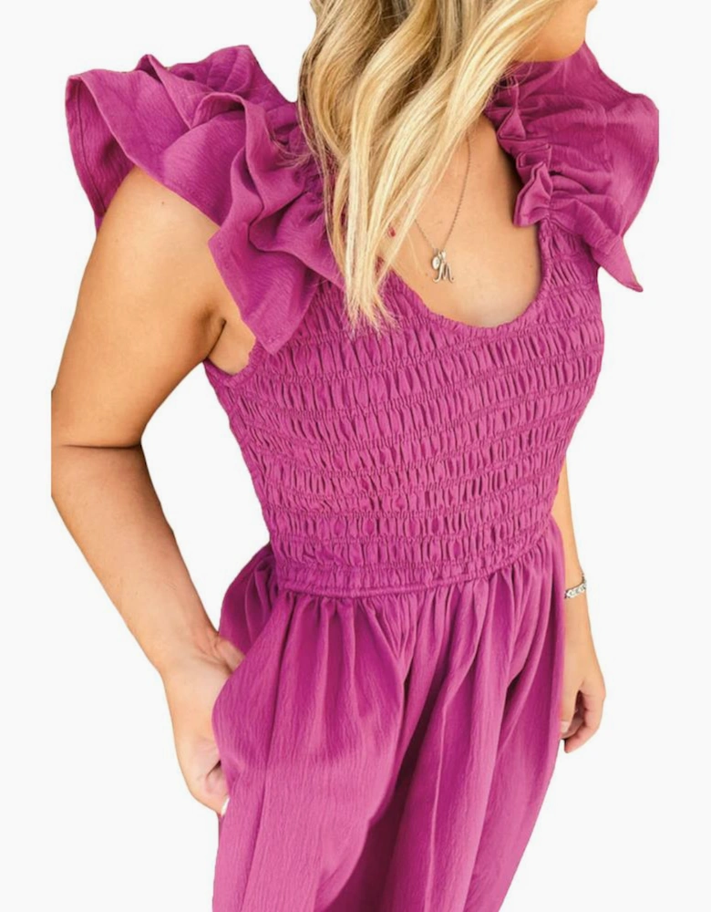 Rose Red Solid Color Ruffled Straps Smocked Ruched Maxi Dress