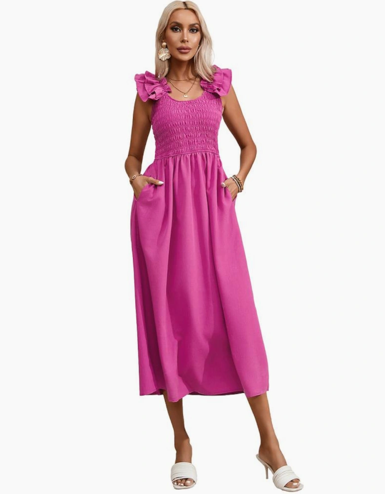 Rose Red Solid Color Ruffled Straps Smocked Ruched Maxi Dress