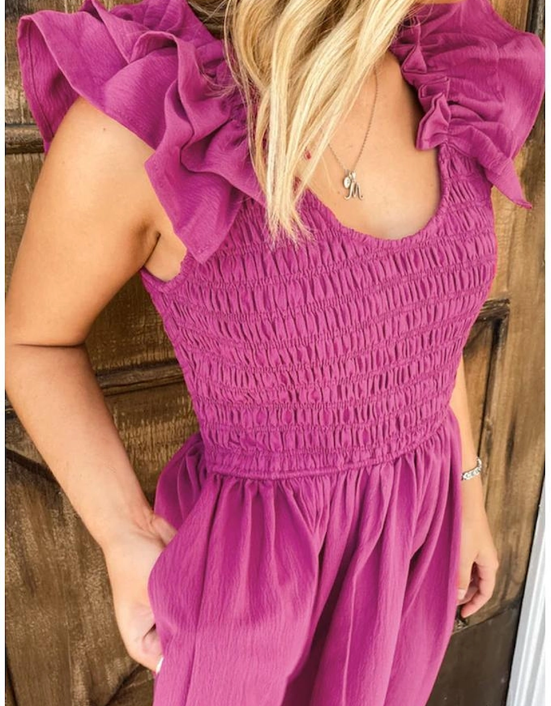 Rose Red Solid Color Ruffled Straps Smocked Ruched Maxi Dress