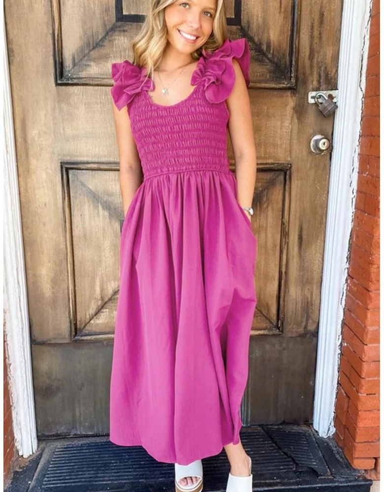 Rose Red Solid Color Ruffled Straps Smocked Ruched Maxi Dress