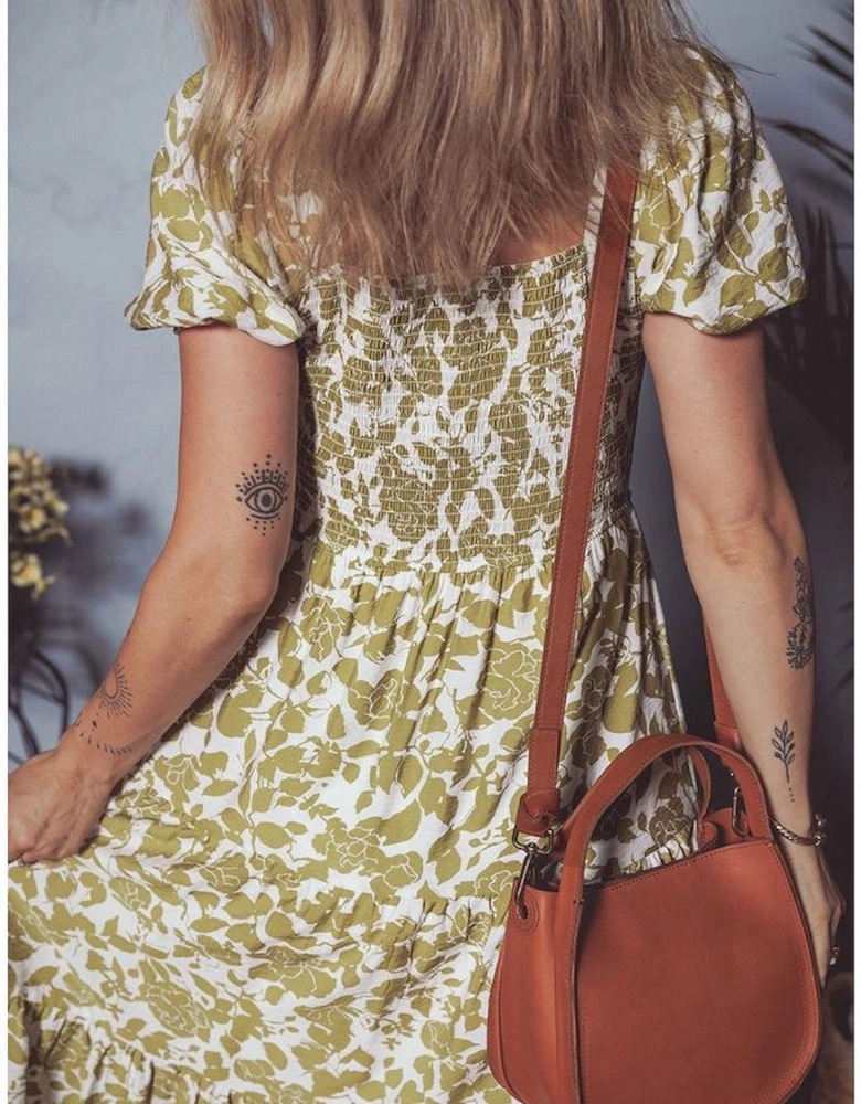 Yellow Boho Floral Square Neck Smocked Bust Puff Sleeve Tiered Long Dress