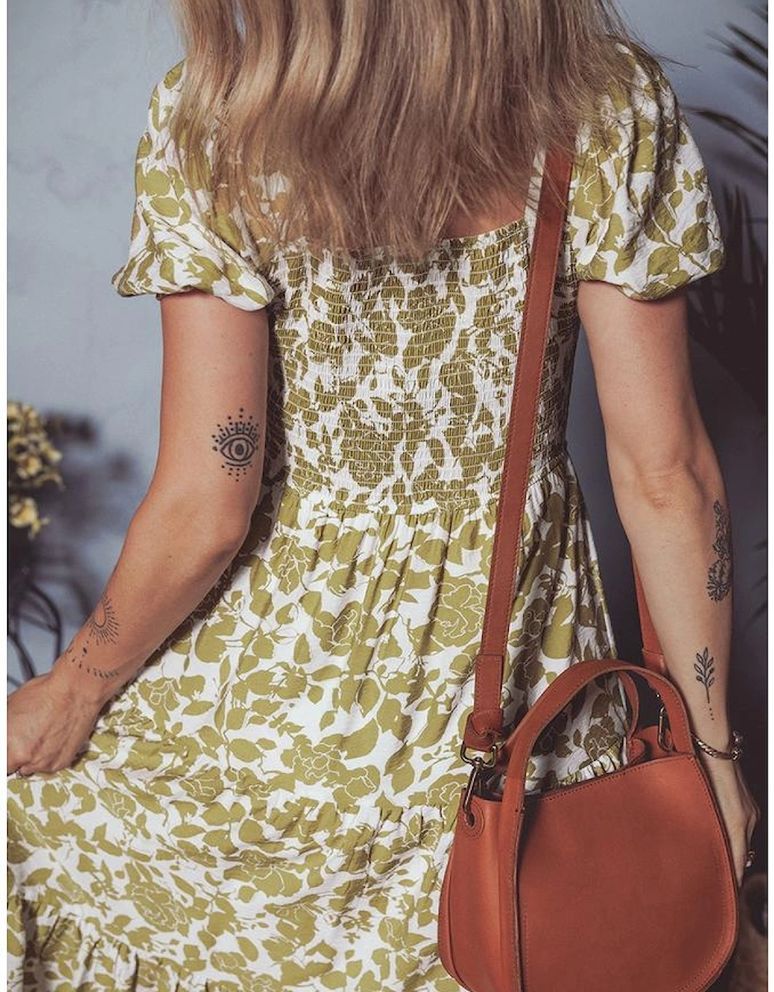 Yellow Boho Floral Square Neck Smocked Bust Puff Sleeve Tiered Long Dress