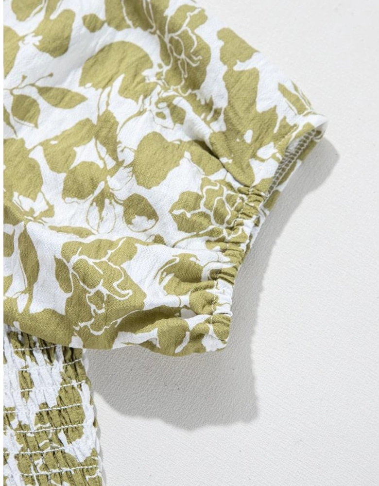 Yellow Boho Floral Square Neck Smocked Bust Puff Sleeve Tiered Long Dress