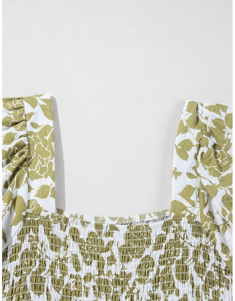 Yellow Boho Floral Square Neck Smocked Bust Puff Sleeve Tiered Long Dress