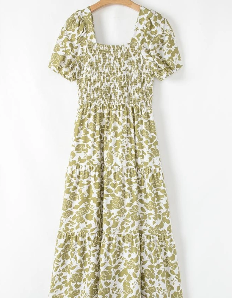 Yellow Boho Floral Square Neck Smocked Bust Puff Sleeve Tiered Long Dress