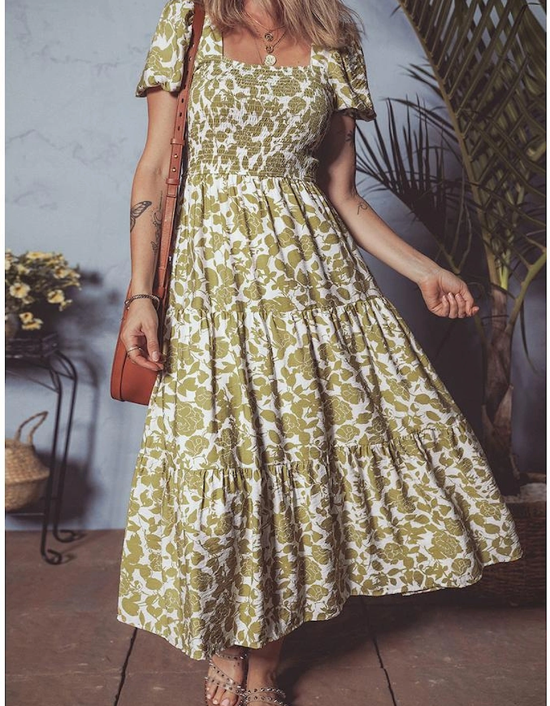 Yellow Boho Floral Square Neck Smocked Bust Puff Sleeve Tiered Long Dress