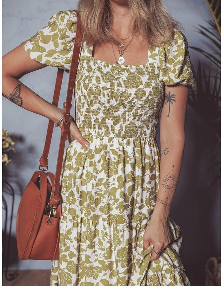 Yellow Boho Floral Square Neck Smocked Bust Puff Sleeve Tiered Long Dress