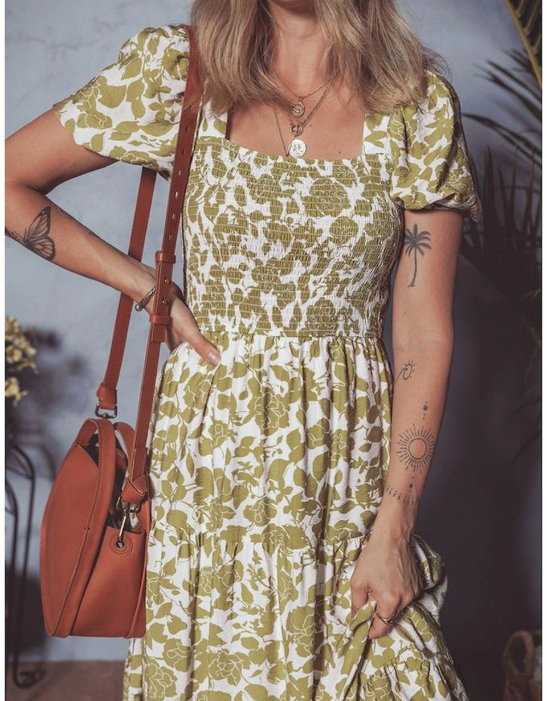 Yellow Boho Floral Square Neck Smocked Bust Puff Sleeve Tiered Long Dress