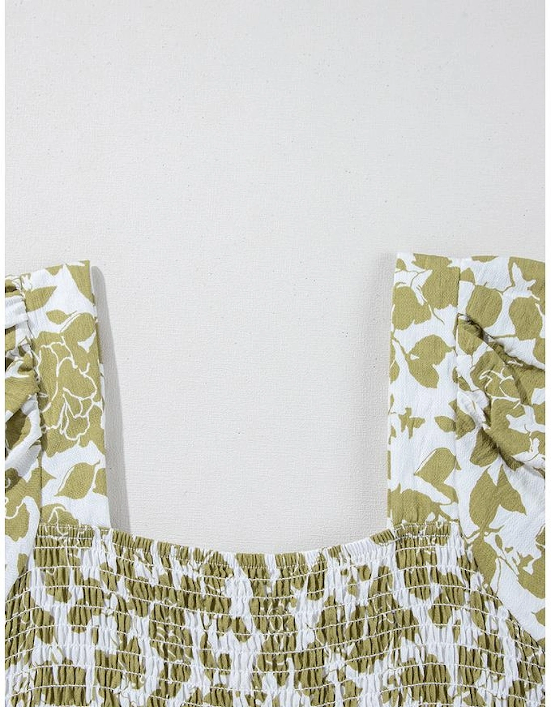 Yellow Boho Floral Square Neck Smocked Bust Puff Sleeve Tiered Long Dress