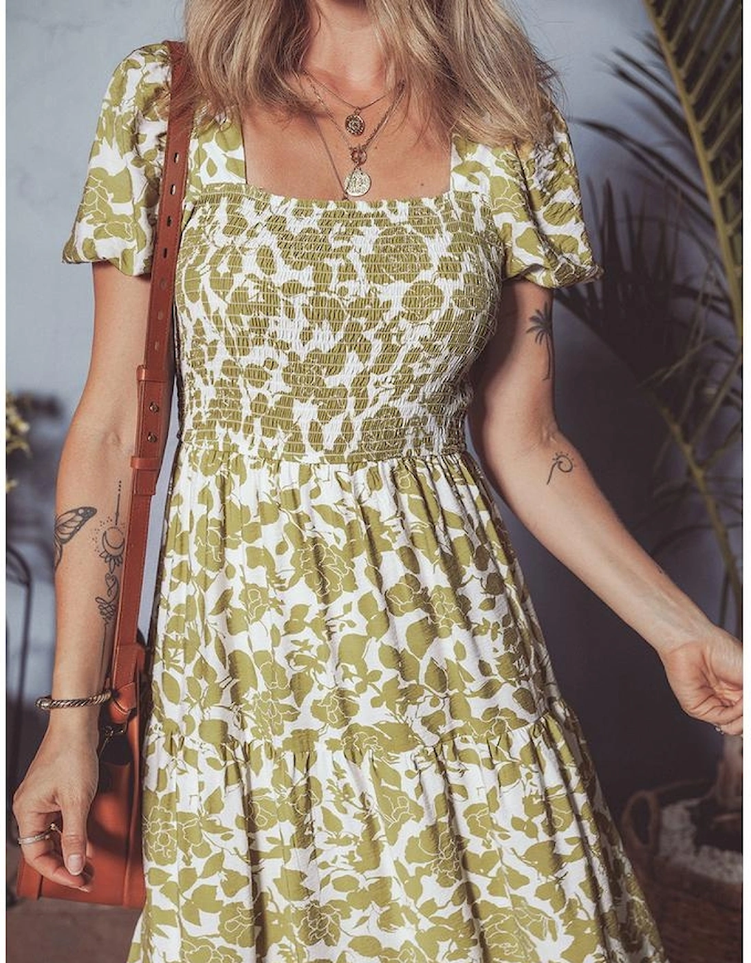 Yellow Boho Floral Square Neck Smocked Bust Puff Sleeve Tiered Long Dress