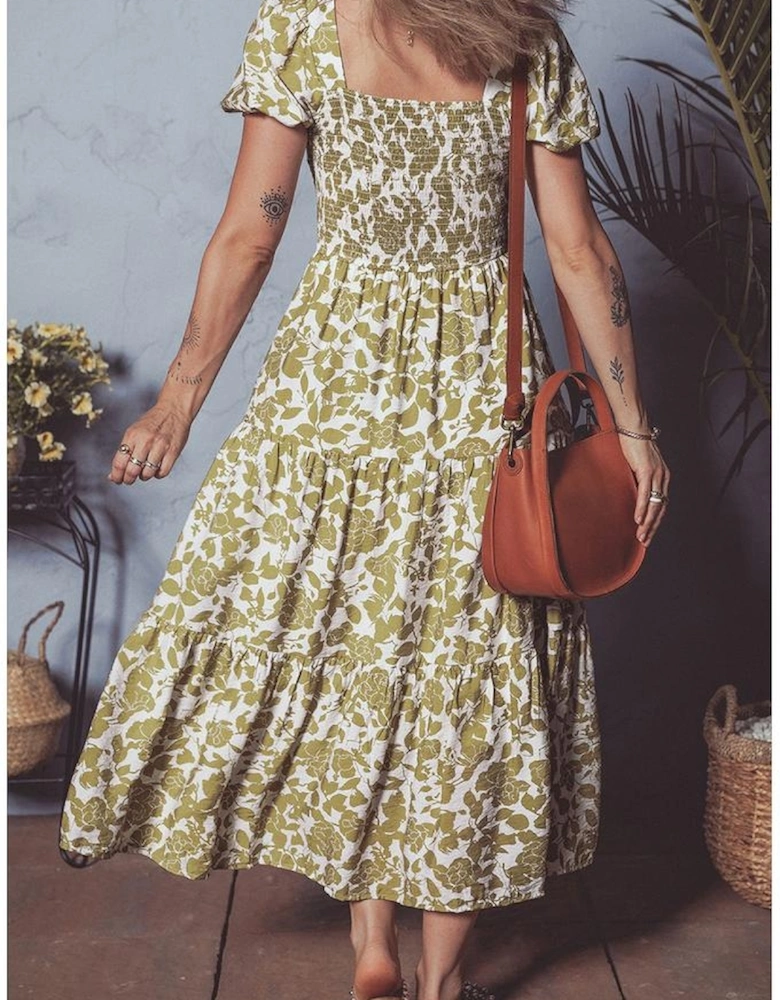 Yellow Boho Floral Square Neck Smocked Bust Puff Sleeve Tiered Long Dress