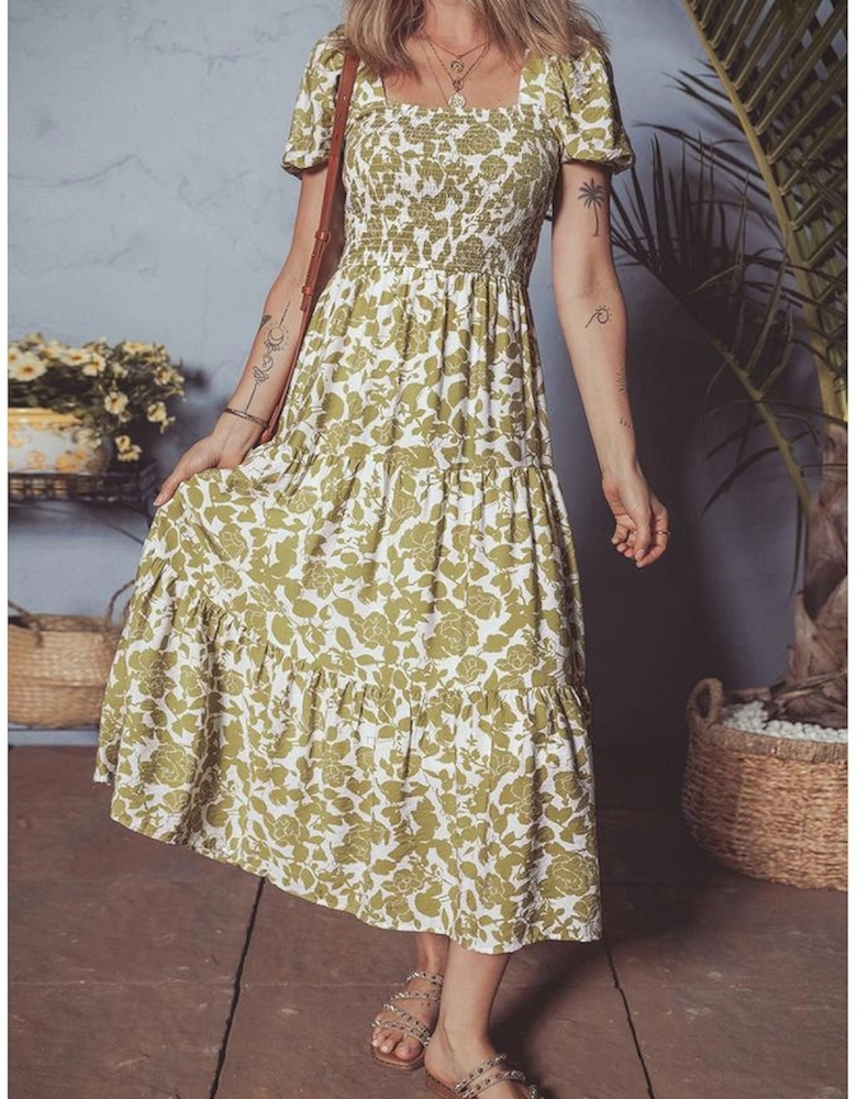 Yellow Boho Floral Square Neck Smocked Bust Puff Sleeve Tiered Long Dress