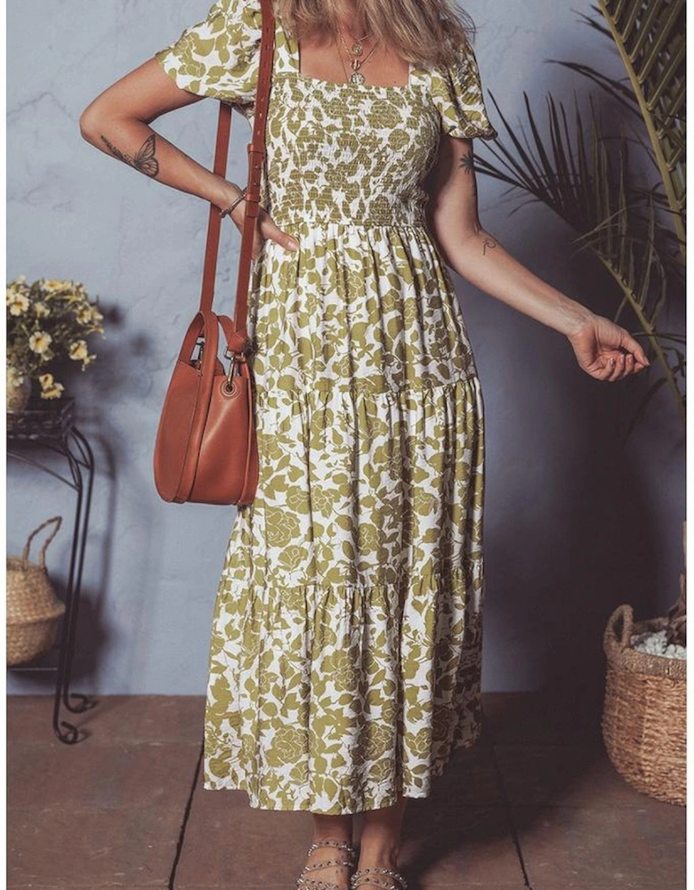 Yellow Boho Floral Square Neck Smocked Bust Puff Sleeve Tiered Long Dress