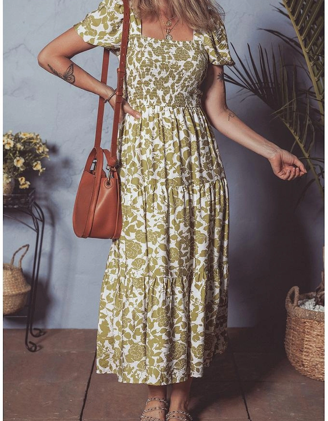 Yellow Boho Floral Square Neck Smocked Bust Puff Sleeve Tiered Long Dress