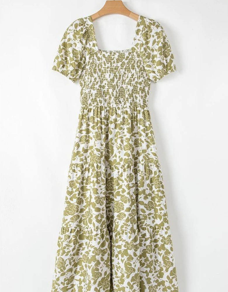 Yellow Boho Floral Square Neck Smocked Bust Puff Sleeve Tiered Long Dress