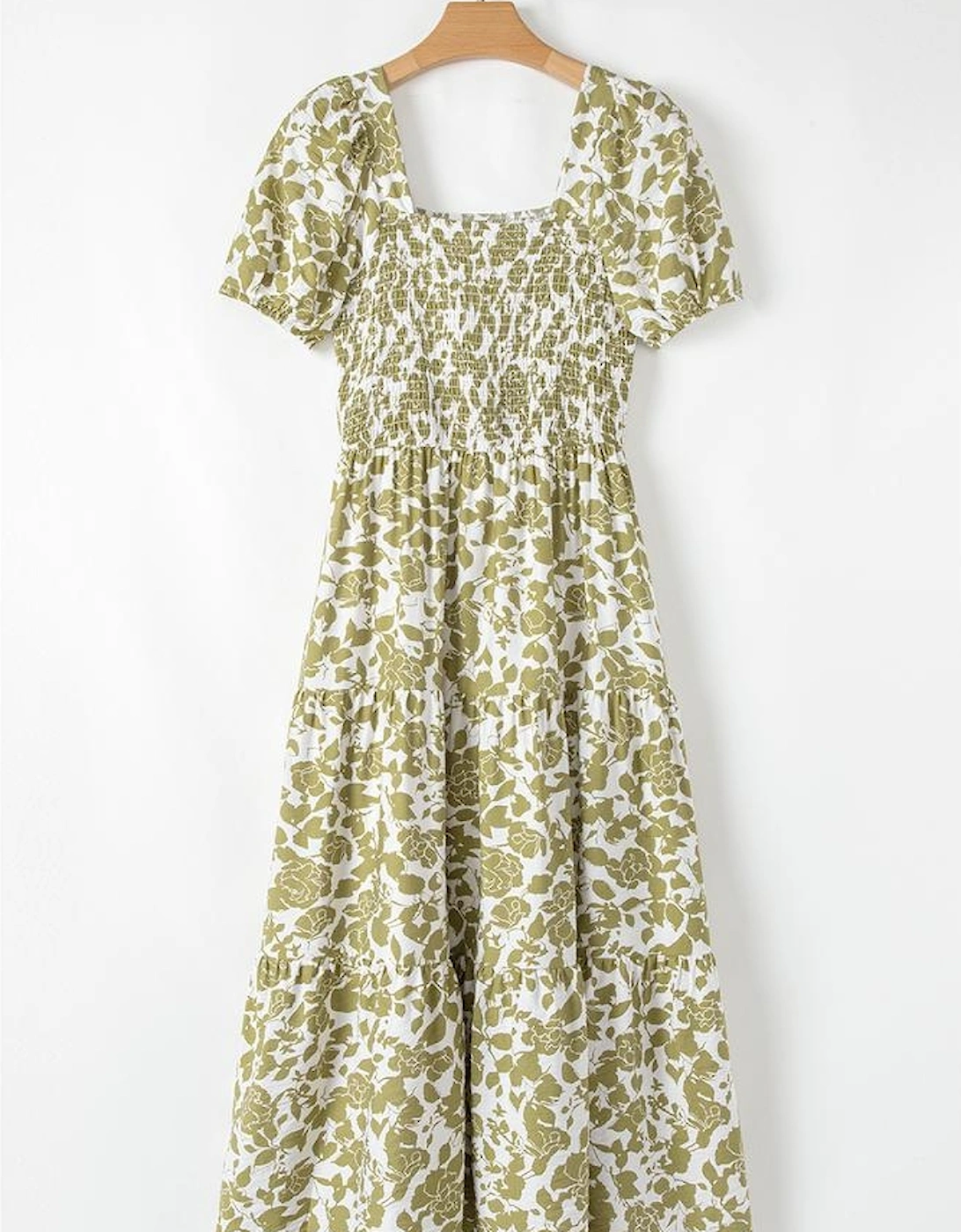 Yellow Boho Floral Square Neck Smocked Bust Puff Sleeve Tiered Long Dress