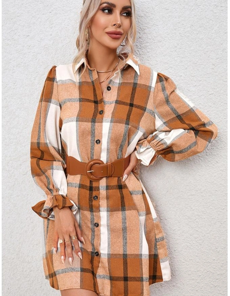 Khaki Plaid Pattern Collared Neck Ruffled Sleeve Shirt Dress