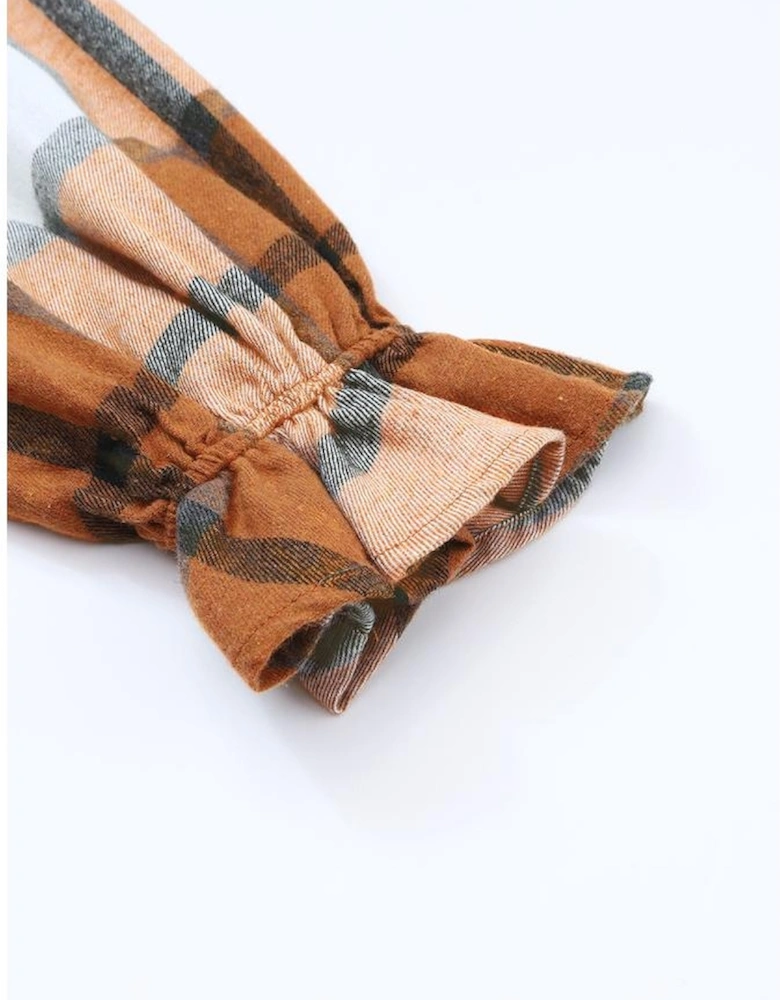 Khaki Plaid Pattern Collared Neck Ruffled Sleeve Shirt Dress