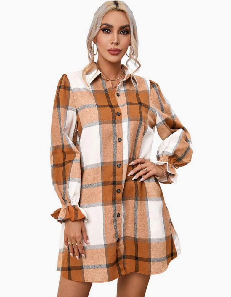 Khaki Plaid Pattern Collared Neck Ruffled Sleeve Shirt Dress