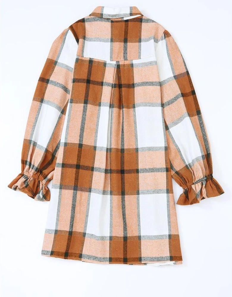 Khaki Plaid Pattern Collared Neck Ruffled Sleeve Shirt Dress