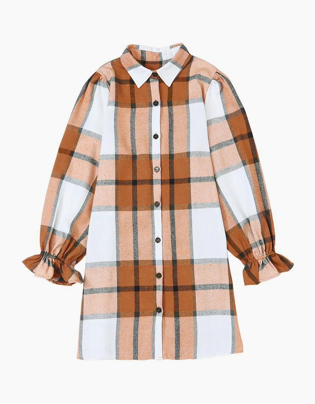 Khaki Plaid Pattern Collared Neck Ruffled Sleeve Shirt Dress