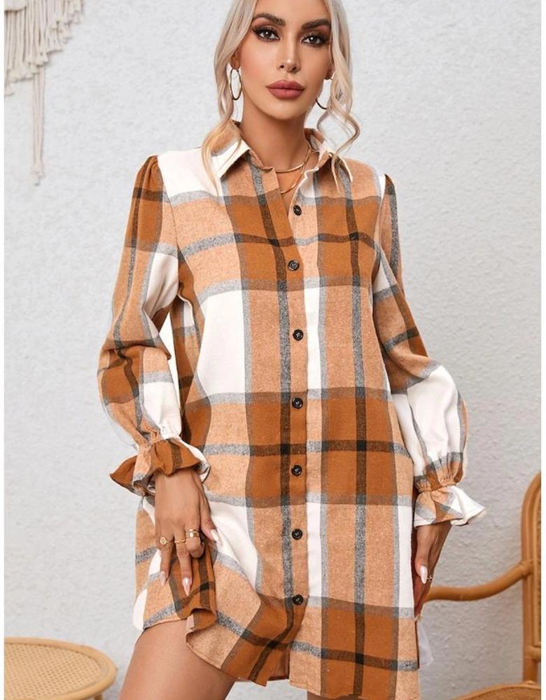 Khaki Plaid Pattern Collared Neck Ruffled Sleeve Shirt Dress