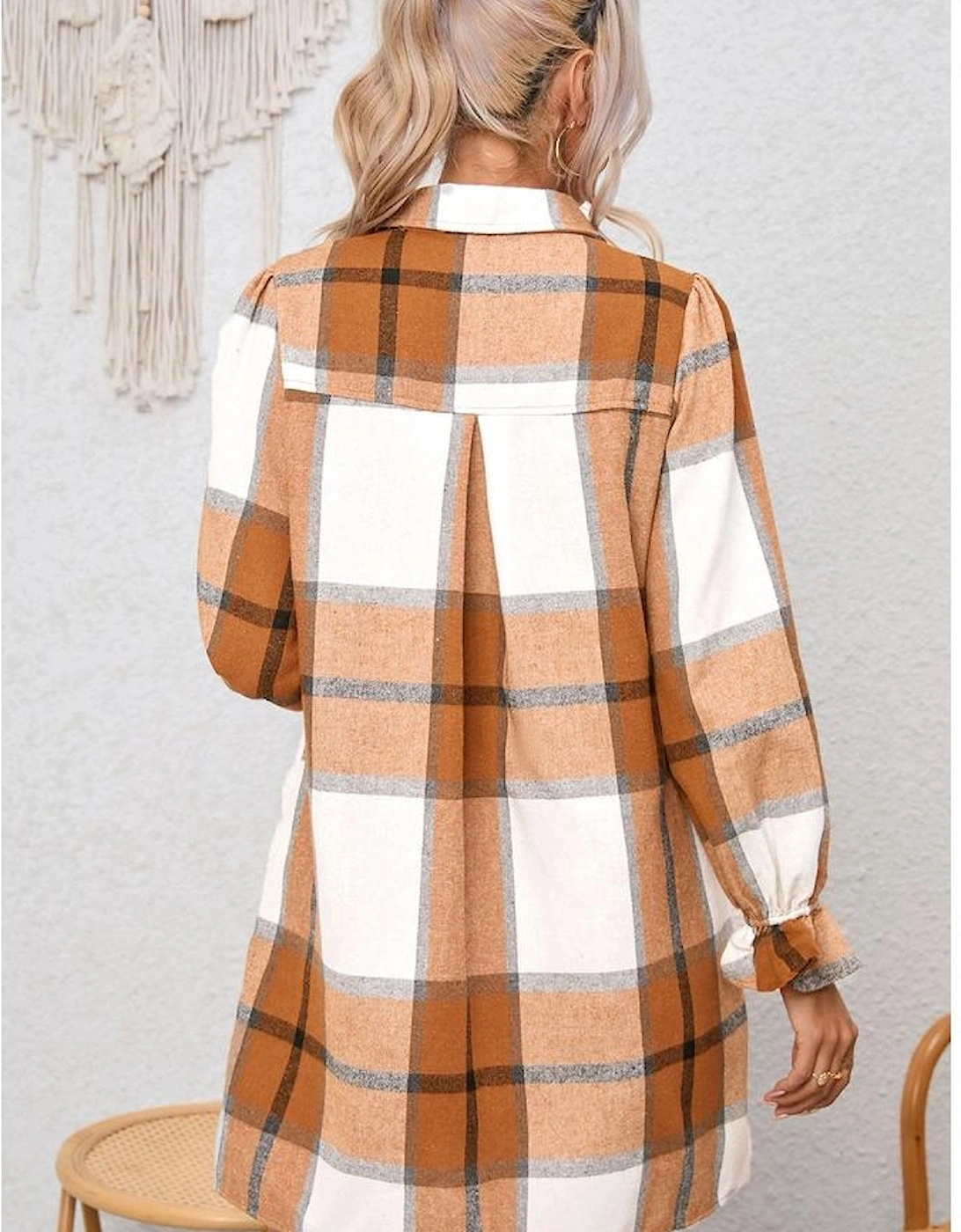 Khaki Plaid Pattern Collared Neck Ruffled Sleeve Shirt Dress