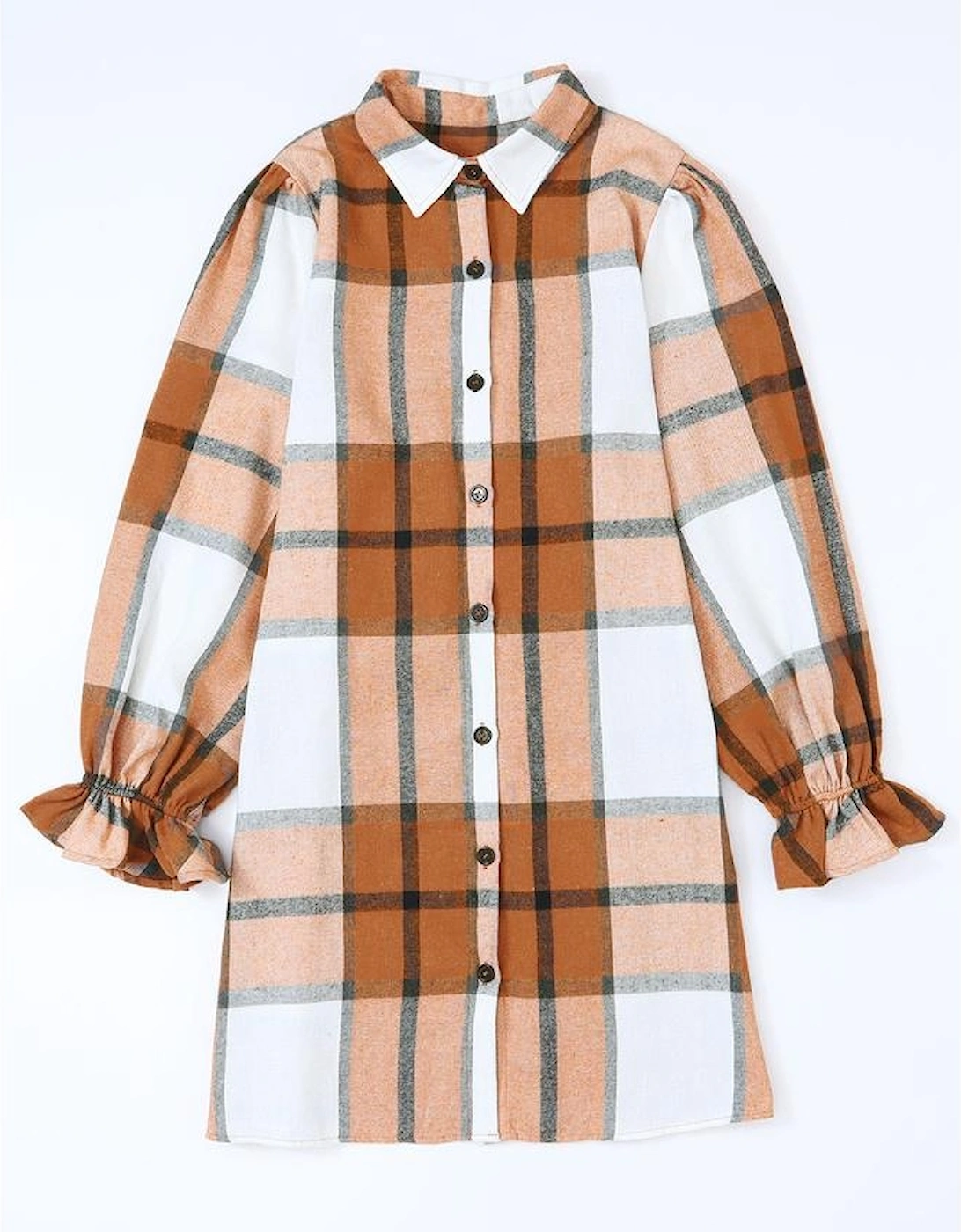 Khaki Plaid Pattern Collared Neck Ruffled Sleeve Shirt Dress