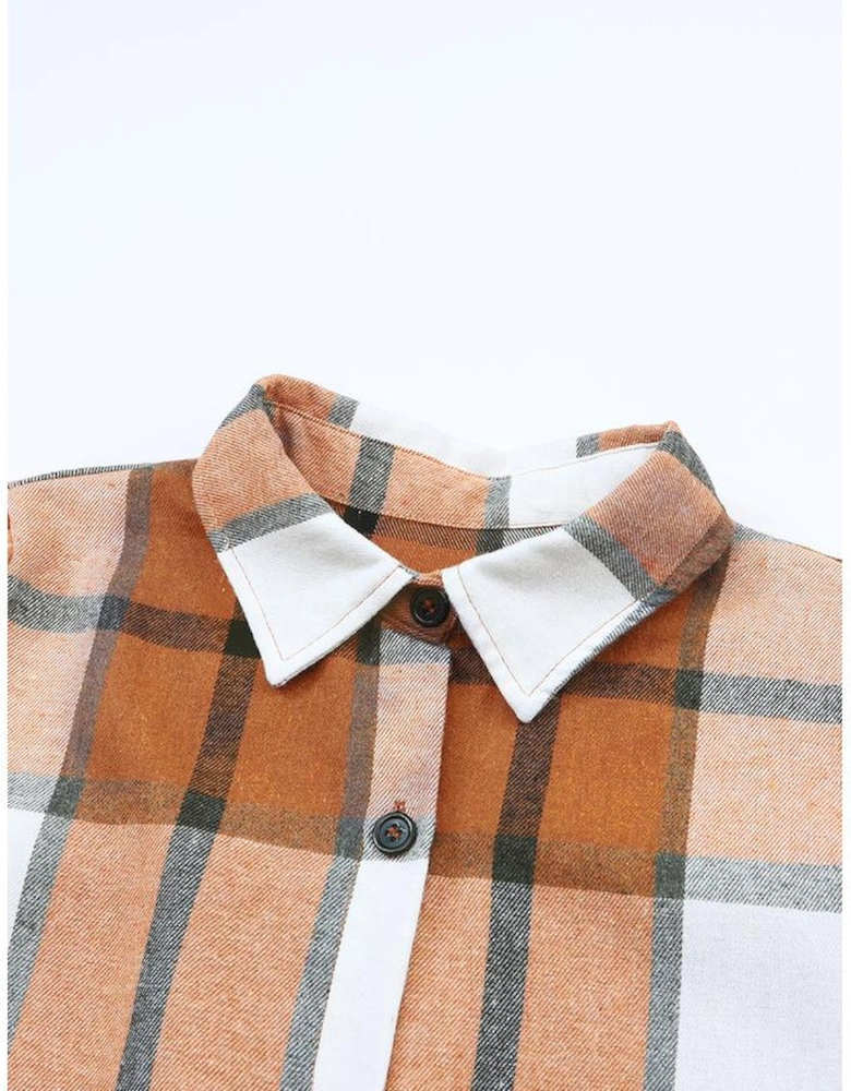 Khaki Plaid Pattern Collared Neck Ruffled Sleeve Shirt Dress