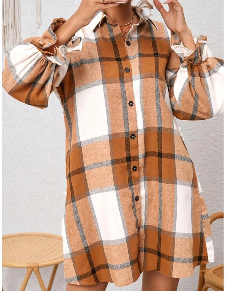 Khaki Plaid Pattern Collared Neck Ruffled Sleeve Shirt Dress