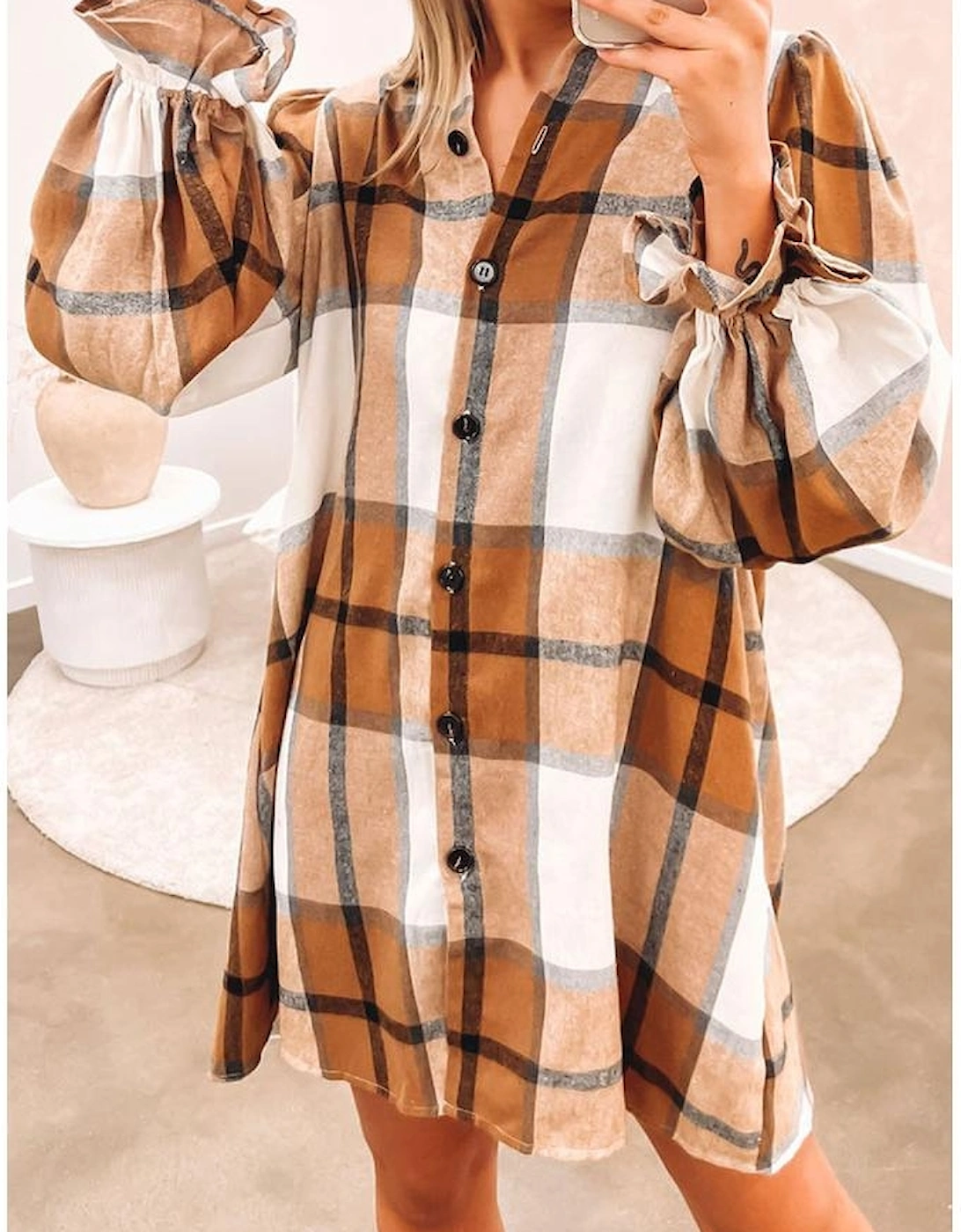 Khaki Plaid Pattern Collared Neck Ruffled Sleeve Shirt Dress