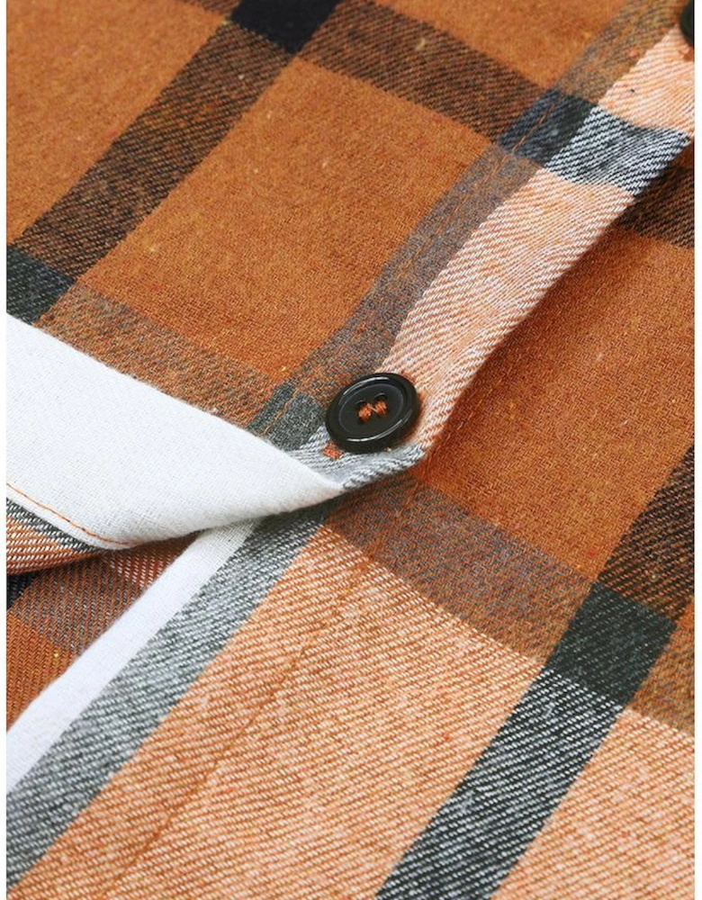 Khaki Plaid Pattern Collared Neck Ruffled Sleeve Shirt Dress