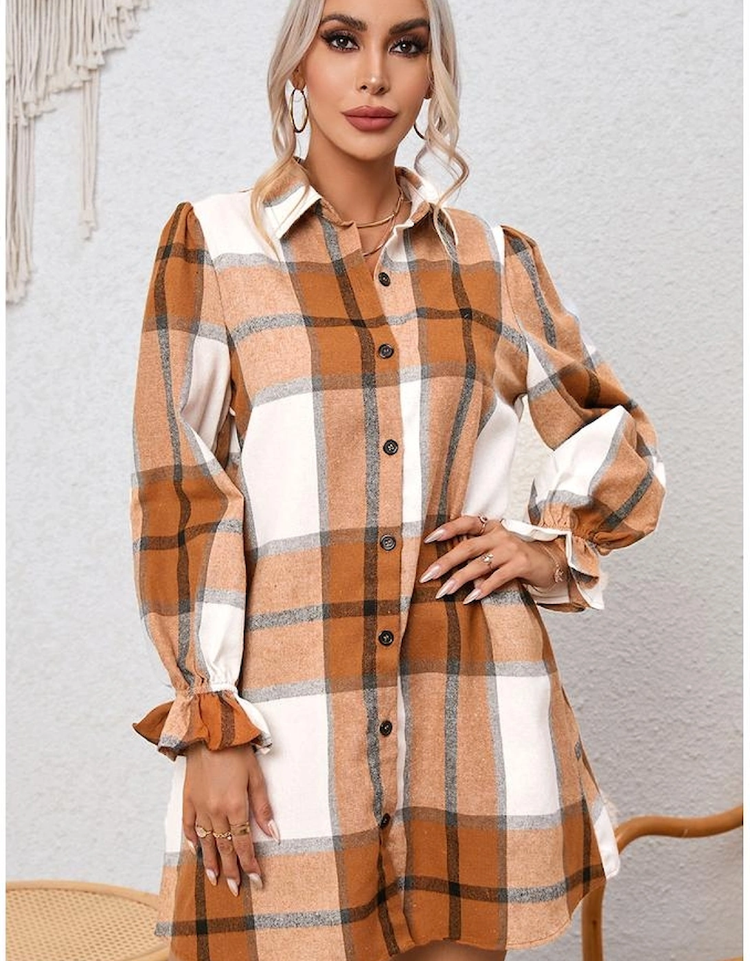 Khaki Plaid Pattern Collared Neck Ruffled Sleeve Shirt Dress